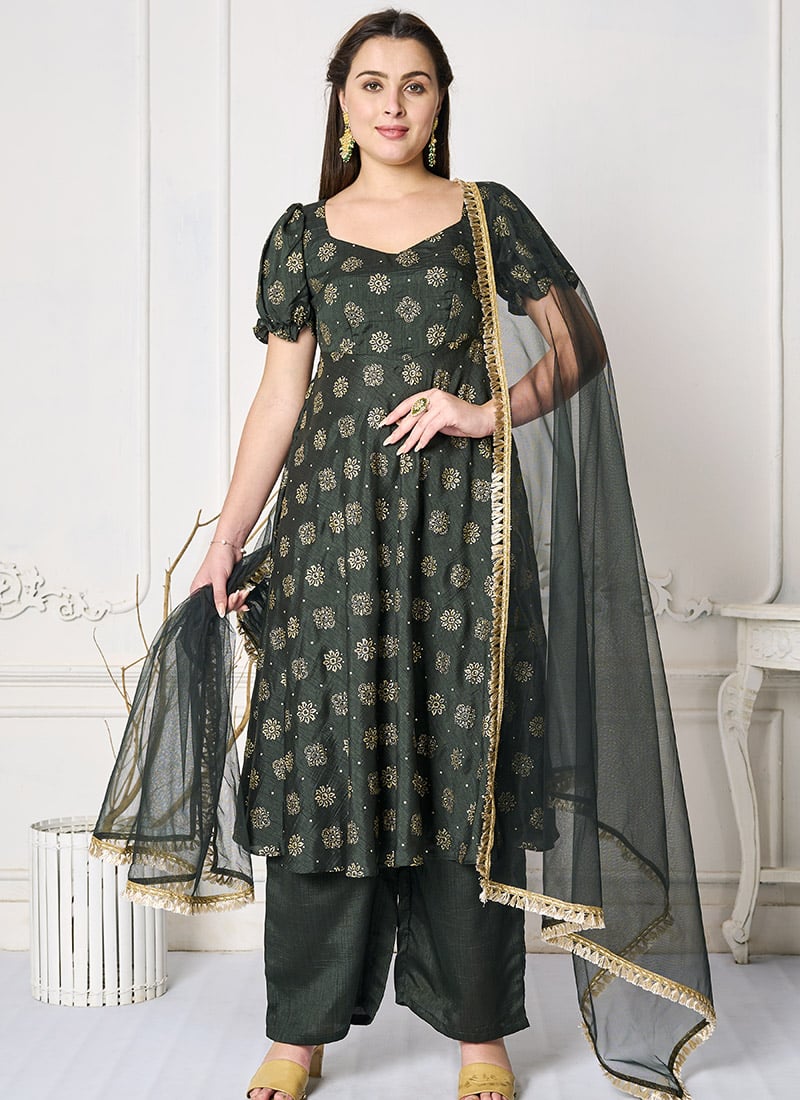 Green Art Silk Foil Print Anarkali Suit Festive Wear