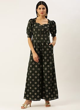 Green Art Silk Foil Print Jumpsuit