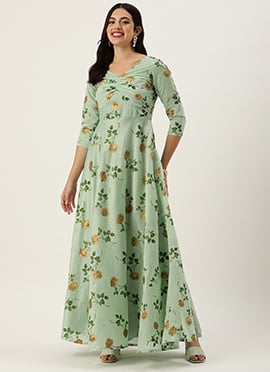 Green Art Silk Foil Print Patch Style Neck Gown