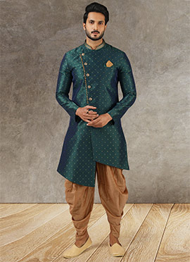 Green Art Silk Jacquard Classic Sherwani