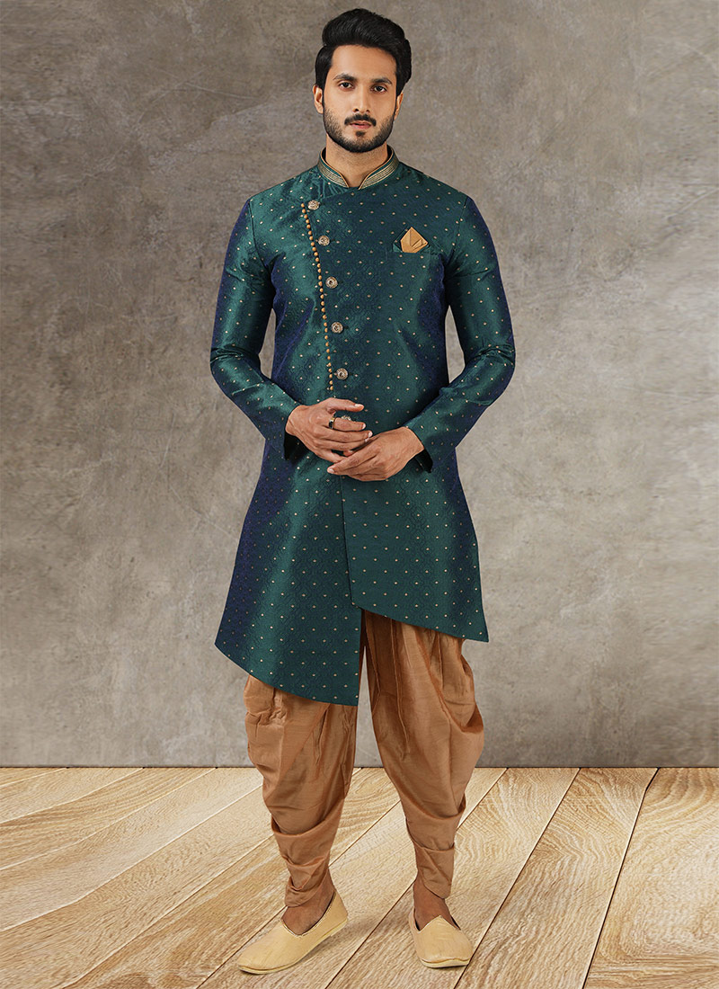 Green Art Silk Jacquard Classic Sherwani Party Wear