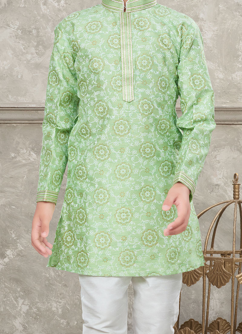 Boys Animal Print Katha Work Kurta With Pyjama
