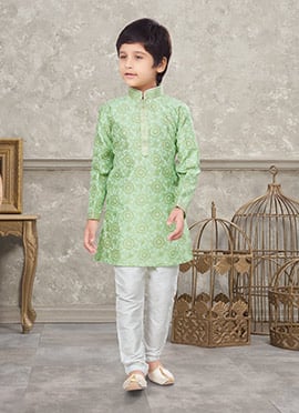 Green Art Silk Kids Boys Kurta Pyjama