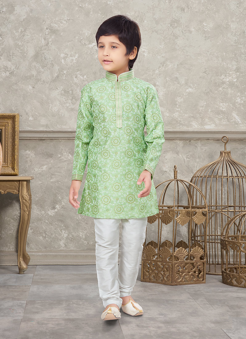 Green Art Silk Kids Boys Kurta Pyjama Party Wear