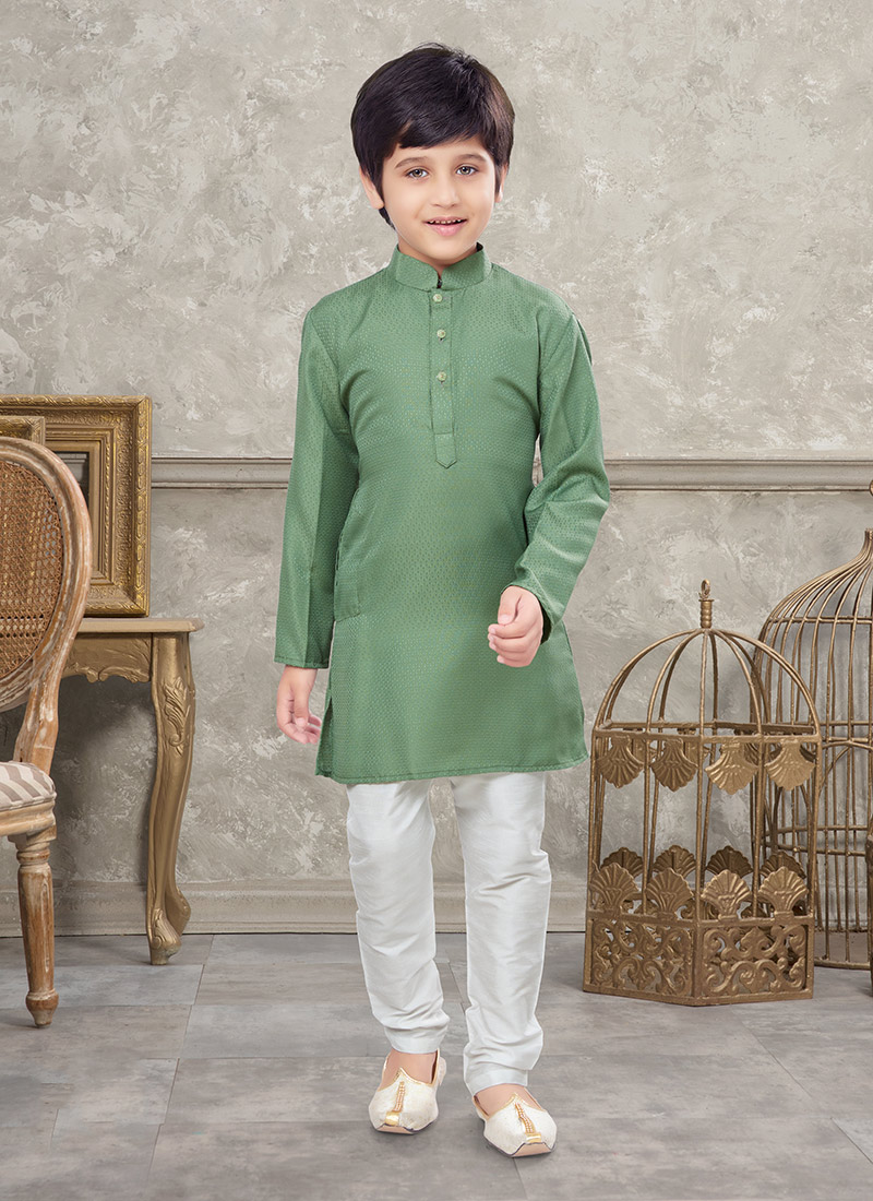 Green Art Silk Kids Boys Kurta Pyjama Party Wear