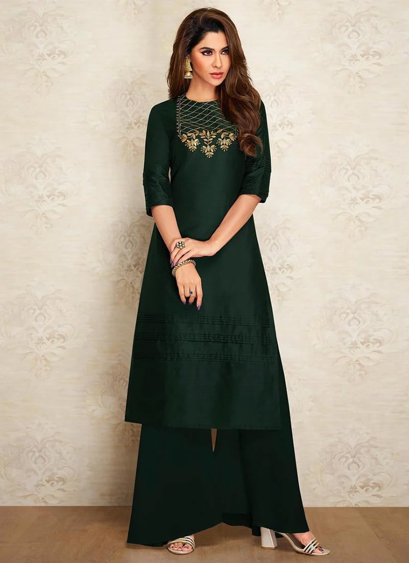 Green Art Silk Kurta Palazzo Set Work Wear