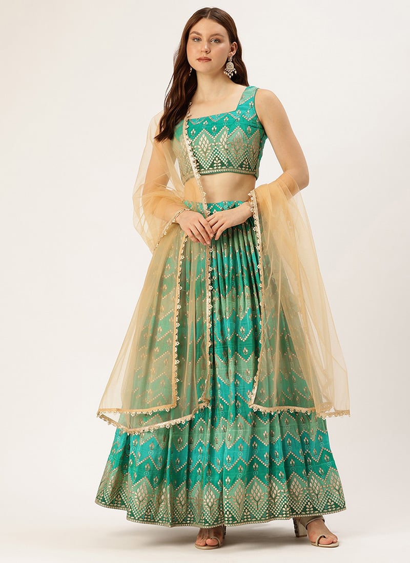 Green Art Silk Print Zari Pleated Lehenga Set Festive Wear
