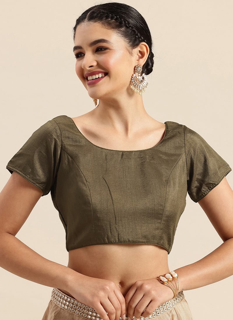 Green Art Silk Round Neck Blouse Work Wear