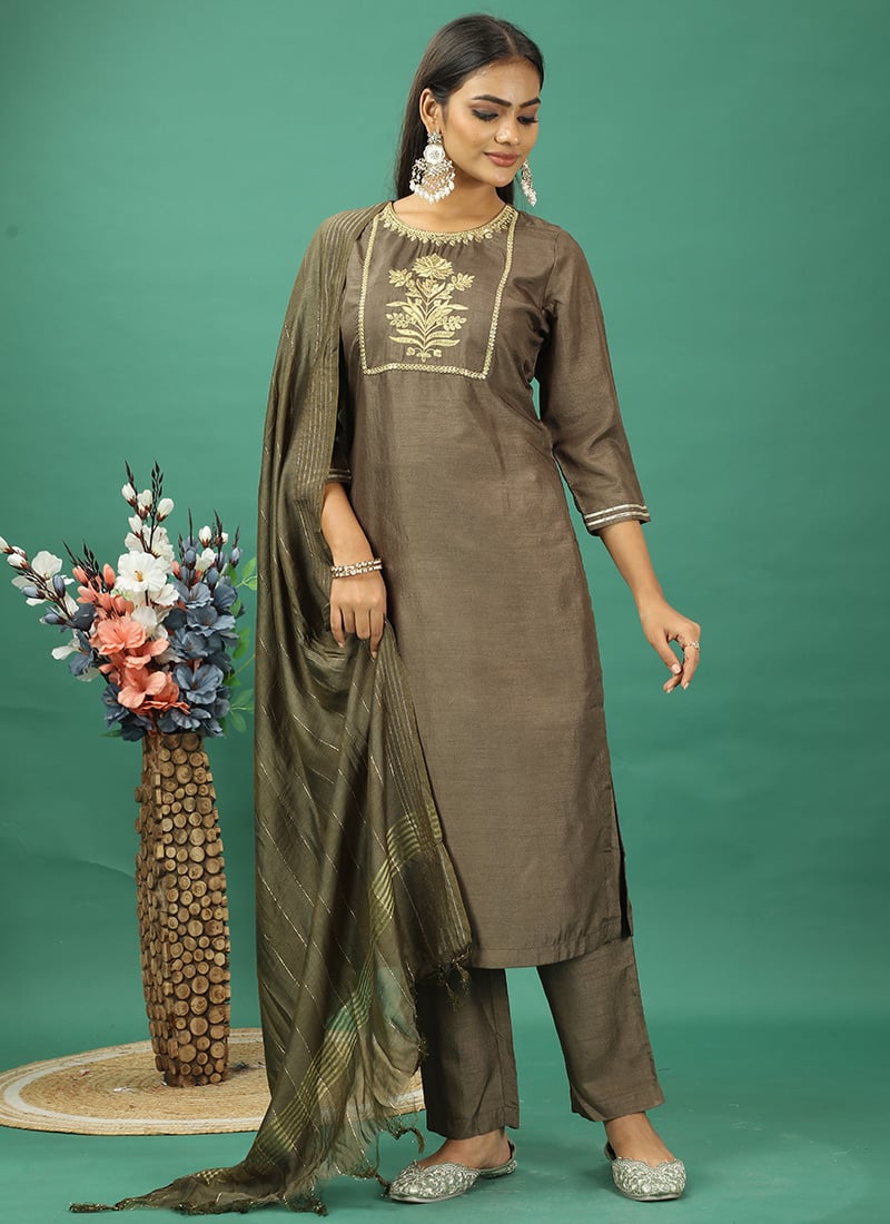 Teen Girls Green Art Silk Straight Pant Suit