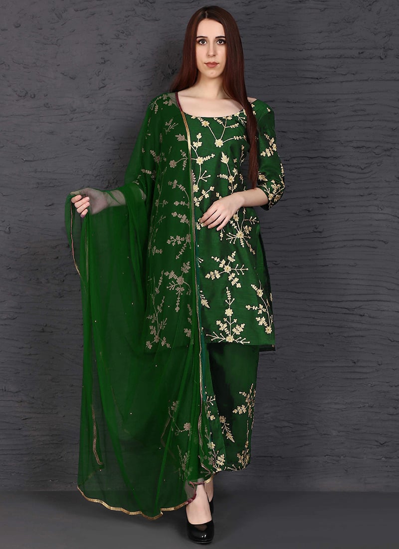 Green Art Silk Straight Pant Suit Party Wear