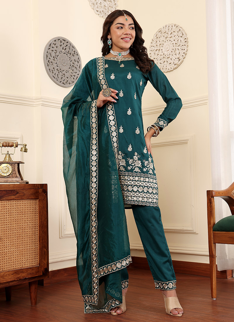 Teal Green Art Silk Pant Suit main image 0