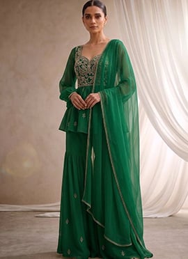 Green Balloon Sleeve Hand Embroidered Sequins Work Georgette Sharara Suit