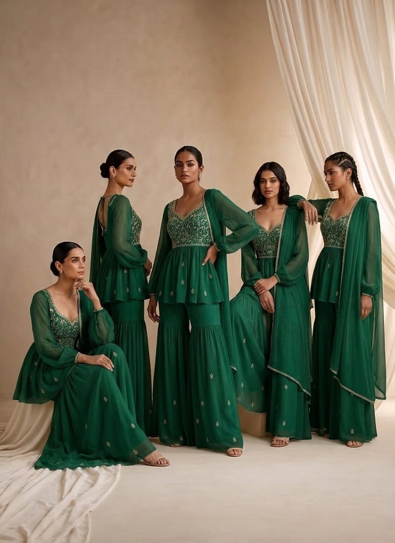 Green Balloon Sleeve Hand Embroidered Sequins Work Georgette Sharara Suit Festive Wear