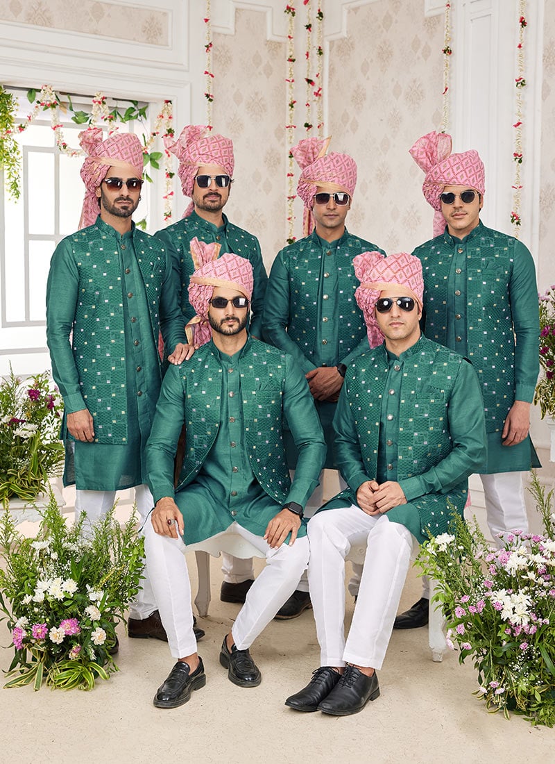 Green Banarasi Silk Embroidered Bandi Set Wedding Wear