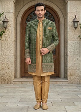 Green Banarasi Silk Zari Embroidered Indowestern Sherwani