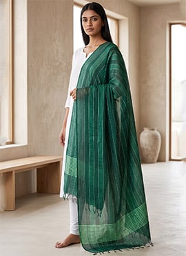 Green Blended Cotton Embroidered Dupatta