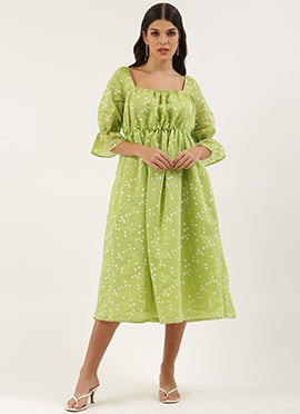 Teen Girls Green Blended Cotton Foil Printed Maxi Dress