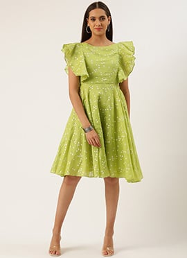 Green Blended Cotton Foil Printed Ruffled Dress