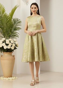 Green Brocade Boat Neck Flared Dress
