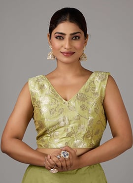 Green Brocade V Neck Blouse