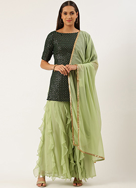 Green Cascade Ruffled Gharara Suit Set
