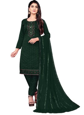 Green Chanderi Cotton Embroidery Straight Pant Suit