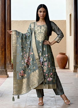 Green Chanderi Cotton Jacquard Digital Print Straight Pant Suit