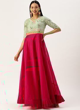 Green Chanderi N Pink Floor Length Gown