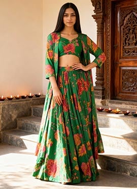 Green Chinon Digital Floral Print Stylish Indowestern Skirt Jacket Set