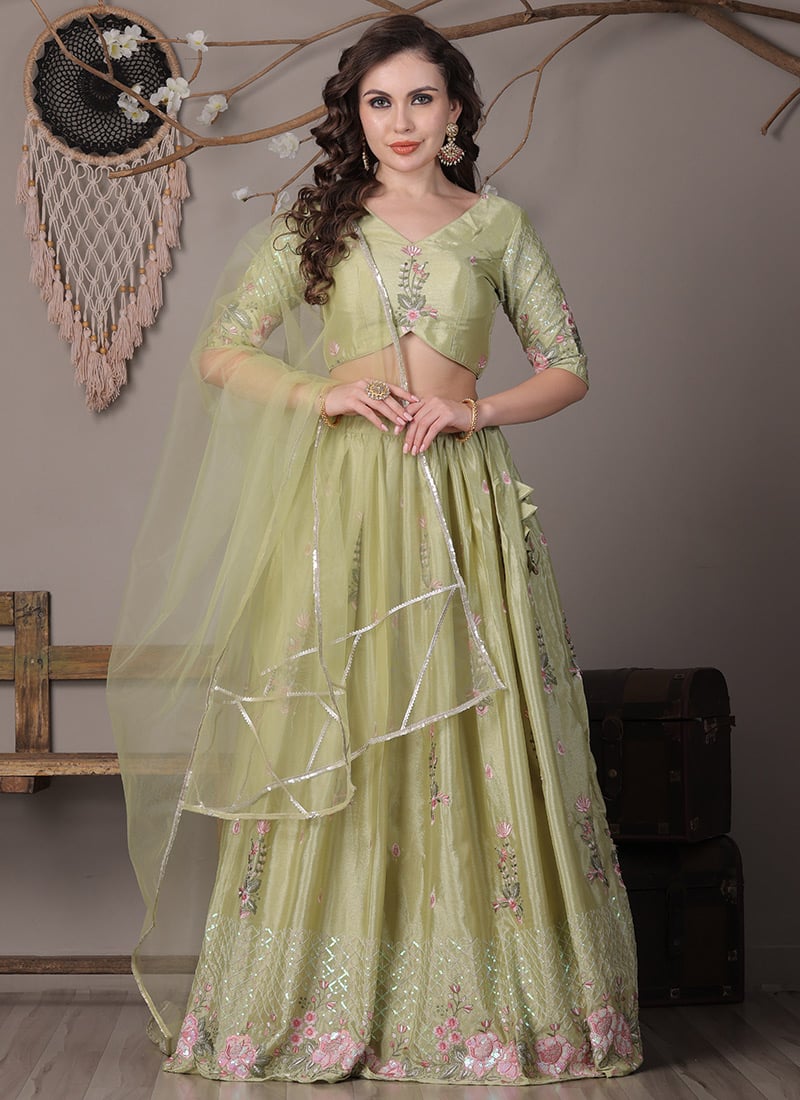 Green Chinon Embroidered Lehenga Party Wear