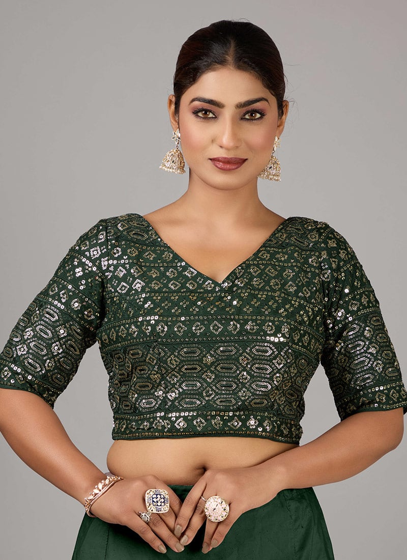 Green Chinon Embroidered V Neck Blouse Wedding Wear