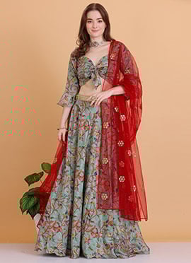 Green Chinon Printed Lehenga Set