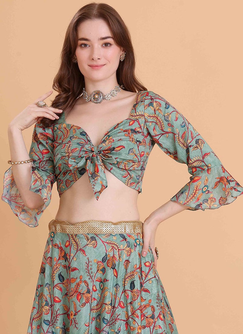 Green Chinon Printed Ruched Pattern Style Blouse Party Wear