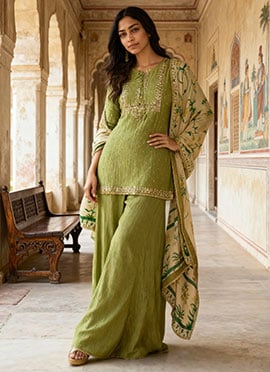 Green Chinon Zari Embroidered Sequins Printed Palazzo Suit Festive Wear