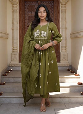 Green Cotton Embroidered Printed Straight Pant Suit