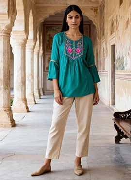 Green Cotton Embroidered Short Top