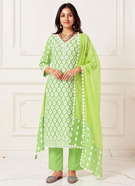 Green Cotton Embroidered Straight Pant Suit With Dupatta For Indian Women