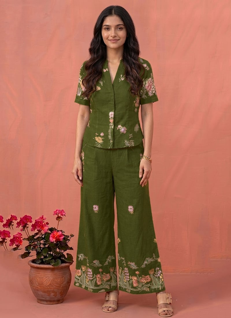 Green Cotton Floral Print Co Ord Set After Six Wear