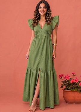 Green Cotton Flutter Sleeve Maxi Dress