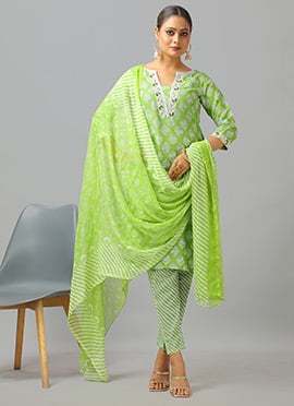 Green Cotton Printed Narrow Straight Pant Suit