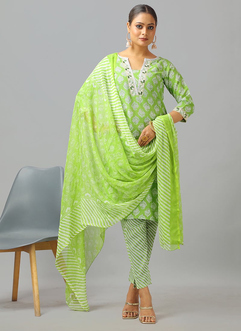 Teen Girls Green Cotton Printed Narrow Straight Pant Suit