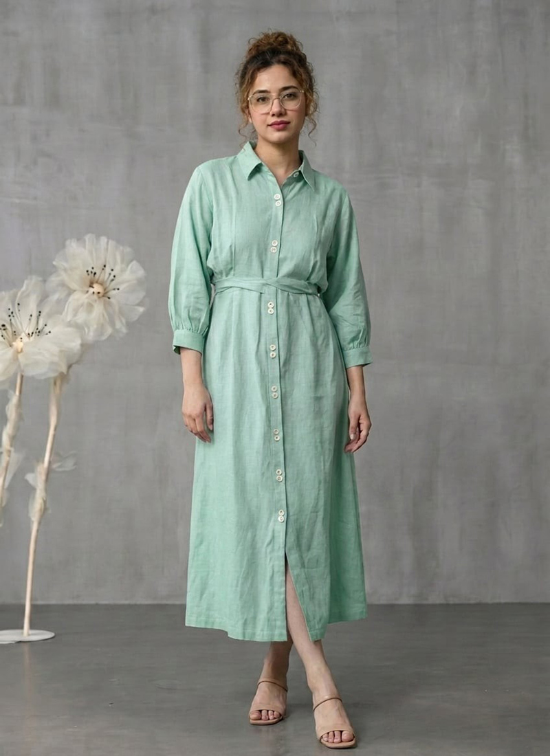 Green Cotton Shirt Collar Midi Dress After Six Wear
