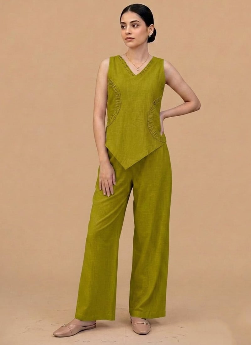 Green Cotton Sleeveless Co Ord Set With Asymmetric After Six Wear