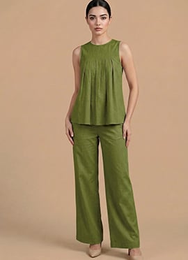 Green Cotton Sleeveless Pleated Top With Wide Leg