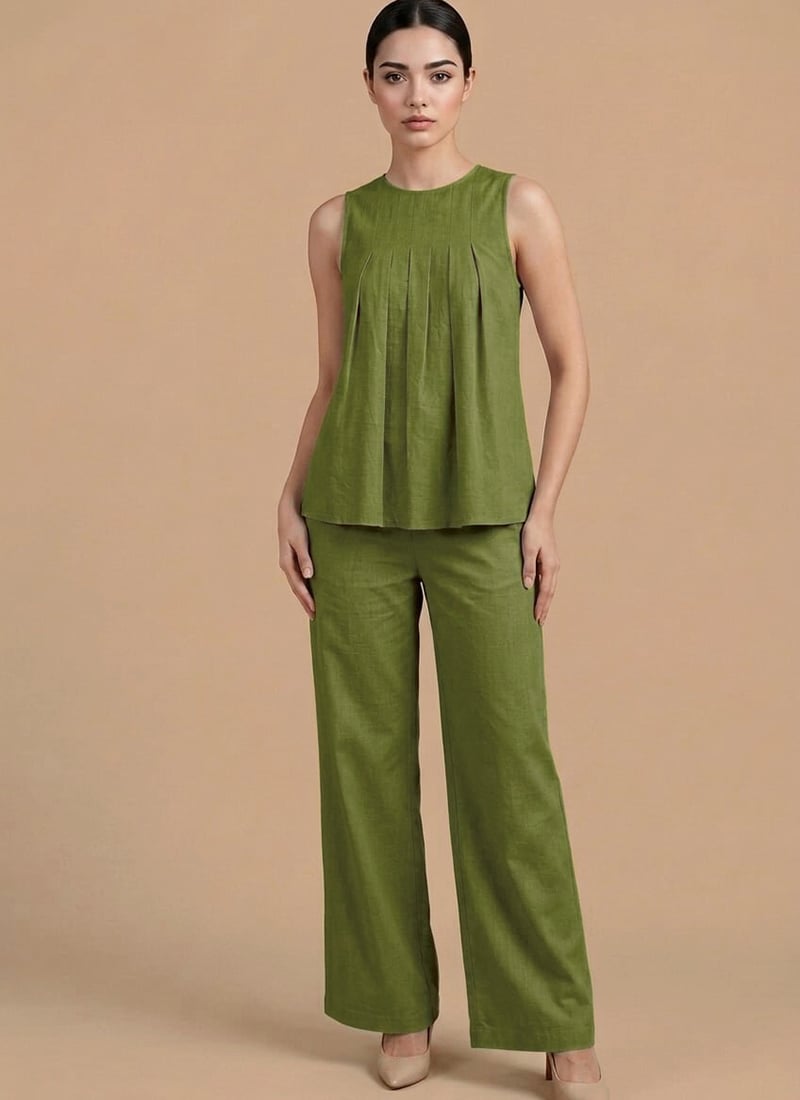 Green Cotton Sleeveless Pleated Top With Wide Leg  After Six Wear