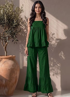 Green Cotton Sleeveless Ruffle Hem Co Ord Set