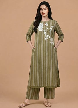 Green Cotton Striped Floral Kurta Set