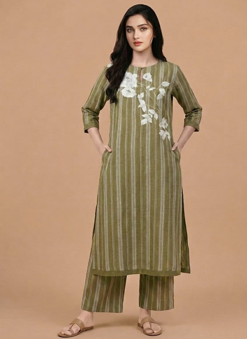 Green Cotton Striped Floral Kurta Set After Six Wear