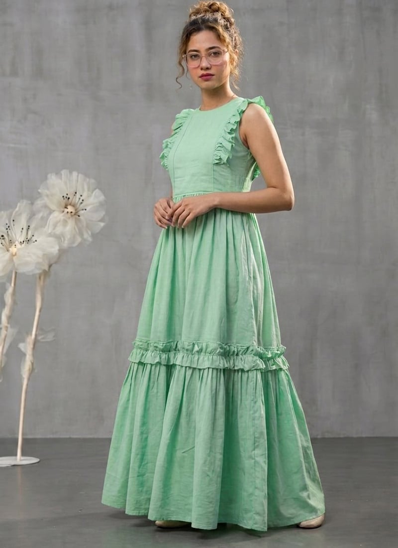 Green Cotton Tiered Maxi Dress After Six Wear