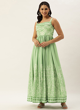 Green Digital Printed Chinon Gown